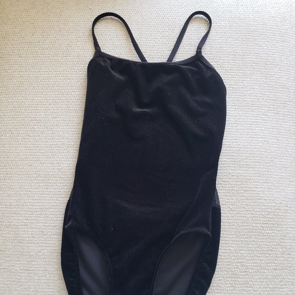 Black Velveteen Leotard - Open Back with Crossed Staps - XS